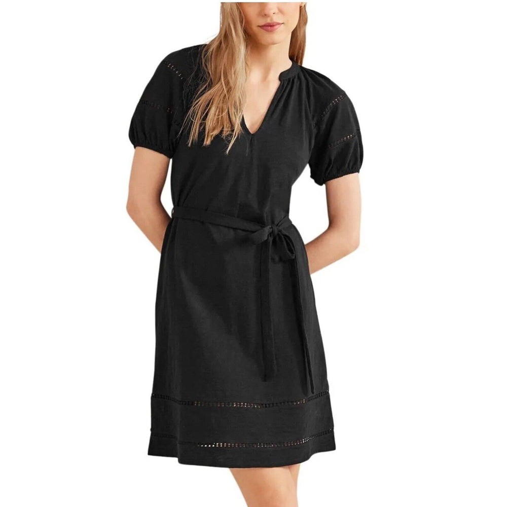 Boden Embroidered Eyelet Trim Detail Jersey Dress. Sz US 14 Long.‎ Black. Cotton